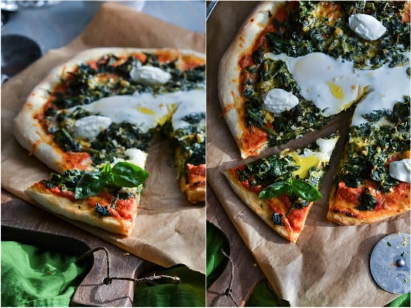 Spinat Pizza mit Tomaten, Mozzarella und Oliven – leichtes Rezept